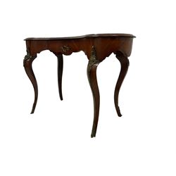 19th century French Kingwood writing table, the kidney shaped top with leather inset writing surface and moulded banded edge, the shaped apron fitted with single frieze drawer, raised on cabriole sabre supports, the knees decorated with applied gilt metal female figures with bouquets, seated amongst flower heads and scrolling foliate decoration, the feet with gilt metal cartouche appliques