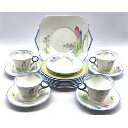 1930's Shelley Regent shaped part tea set decorated in the Crocus pattern, comprising four teacups, six saucers, six plates and one serving plate, together with a Shelley tea plate decorated in the block and line design (18)