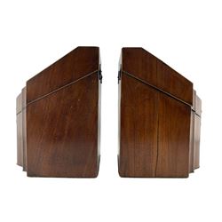 Pair of George III mahogany inlaid knife boxes, each of serpentine form with hinged, sloping covers, the interiors vacant, with inlaid star motif to interior of lid, H37cm, W22cm, D27.5cm 