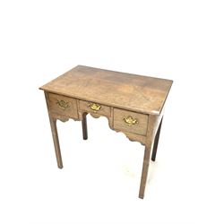 George III oak side table with three drawers, shaped apron, raised on square chamfered supports W80cm, D50cm, H78cm