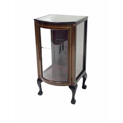Edwardian bow front display cabinet, the glazed top over glazed door with satinwood bands enclosing one shelf, raised on ball and claw carved supports W42cm