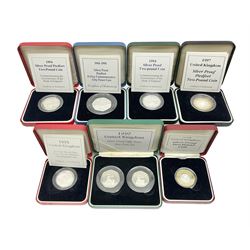 Seven The Royal Mint United Kingdom silver proof coins or sets, comprising 1994 'Commemorating the Tercentenary of the Bank of England' piedfort two pounds, 1994 'Commemorating the Tercentenary of the Bank of England' two pounds, 1994 'D-Day' piedfort fifty pence, 1995 'Second World War' piedfort two pounds, 1997 piedfort two pounds, 1997 fifty pence two coin set and 1998 two pounds, all cased with certificates