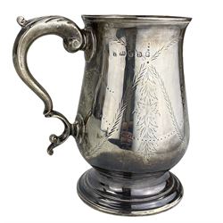 George III silver baluster mug with engraved decoration and later inscription, leaf capped scroll handle London 1797 Maker Peter and Ann Bateman 