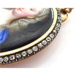 Christian Friedrich Zincke (German 1683-1767)
Portrait miniature upon enamel, circa 1750
Head and shoulder portrait of a young woman in blue gown, her hair adorned with pearls 
within gilt frame, with old cut diamond border and white enamel inner border 
Oval 4.5cm x 3.5cm

Provenance
Purchased by the current vendor from Judy & Brian Harden Antiques September 98

Born in Dresden in 1683, Christian Friedrich Zincke travelled to London in 1706 to work at the studio of miniature painter and enamellist Charles Boit; later inheriting Boit's fashionable clientele. 
During his time in London Zincke is said to have dominated the market, training a number of well known English miniature painters including William Prewett, and also gaining Royal patronage aided by the endorsement of notable portrait artist Sir Godfrey Kneller.
Zincke worked extensively for the Royal Family, including George II and Frederick Prince of Wales, and is arguably the most successful enamel painter of the period in which he worked.