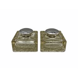 Pair of square glass block inkwells with silver covers W10cm Birmingham 1919