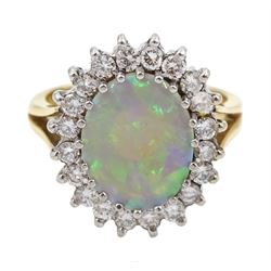 14ct gold opal and diamond cluster ring, hallmarked, total diamond weight approx 0.50 carat