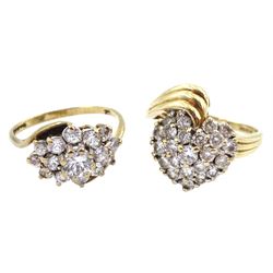 Gold cubic zirconia heart ring and a gold cubic zirconia cluster ring, both hallmarked 9ct