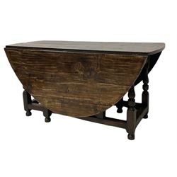 18th century oak drop-leaf dining table, oval top fitted with single drawer, raised on vasiform turned supports with double gate-leg action, united by stretchers