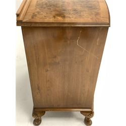 Queen Anne style burr walnut bow fronted chest,  fitted with four graduated drawers, raised on shell carved cabriole supports, W84cm, H90cm, D47cm