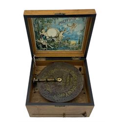 19th century walnut cased table top 'Polyphon' musical disc player, single piece comb, stop lever marked 'Tempo-Regulator, playing 20cm discs, the interior of the lid with a print of cherubs with musical instruments 27cm x 24cm x 23cm with a single disc