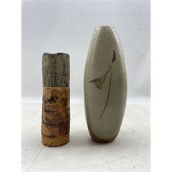 Alan Wallwork (British 1931-2019): cylindrical coil built vase H19cm and Sheila Fournier (British 1930-2001) pod vase (2)