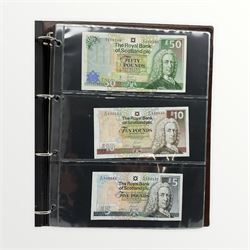 Scottish banknotes including Clydesdale Bank plc 18th September 1987 ten pounds 'D/QM 095174', Bank of Scotland 24th September 2004 twenty pounds 'EM102678', The Royal Bank of Scotland plc 14th September 2005 fifty pounds 'A/I 173290', The Royal Bank of Scotland plc 20th December 2007 twenty pounds 'B/70 237137',  Bank of Scotland 17th September 2007 one hundred pounds 'AA002482', fifty pounds 'AA596423', twenty pounds 'AE120663' etc, housed in an album