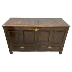 George III oak mule chest, panelled rectangular hinged lid with moulded edge, quadruple fielded panel front fitted with two drawers, on stile supports
