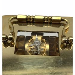 20th Century Mathew Norman eight-day Corniche cased timepiece carriage clock with a lever platform escapement, eleven Jewels, timing screws, Swiss Movement, white enamel dial with Roman numerals, minute markers and steel moon hands, bevelled glass panels to case and a rectangular glass panel to the top of the case, with key.