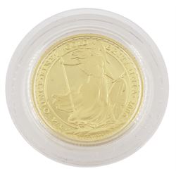 Queen Elizabeth II 2006 gold proof twenty five pound quarter ounce Britannia coin, cased with certificate