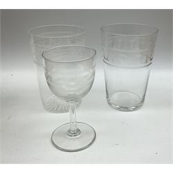 Set of fifteen Webb Corbett conical form cut glass sherry glasses, a collection of vintage glassware with etched decoration, and other glass in two boxes