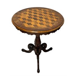 Late Victorian walnut tripod table, circular moulded top inlaid with parquetry cube work in rosewood, elm and fruitwood with yew wood and walnut bands, the top with shaped skirt, on carved pedestal with three splayed and pierced supports, scroll and leaf carved terminals