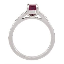 18ct white gold radiant cut ruby ring, with round brilliant cut diamond set shoulders, hallmarked, ruby approx 1.00 carat