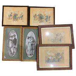 N Polter (British late 19th century): 'At Norwich', pair pencil and white watercolour sketches signed and dated 1897 together with pair Victorian prints and pair of early 20th century satirical prints max 35cm x 50cm (6)