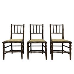 Set six early 20th century stained beech bobbin-turned chairs, upholstered in pale gold chenille fabric decorated with floral pattern