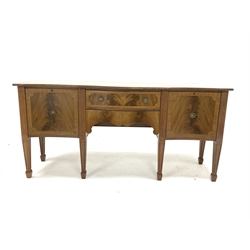  Georgian design mahogany serpentine sideboard, with cross banded top over two drawers and two cupboards, raised on square tapered supports, W194cm, H92cm, D53cm  