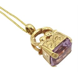 9ct gold amethyst fob pendant necklace and a 9ct gold  pear shaped chalcedony and diamond pendant necklace 