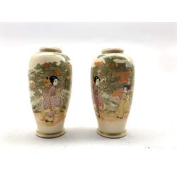 Pair of small Japanese Satsuma vases decorated with figures and landscapes H9cm