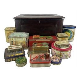 Oak box and contents of vintage tins