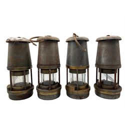 Four steel and brass miners lamps, by Wolf Safety Lamp Co William Morris Ltd, Sheffield, type FS, PO 1972 x2, 1973 and 1974