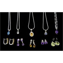 Silver stone set jewellery including five pairs of earrings and five pendant necklaces, set with diamond, amethyst, topaz and citrine, all stamped or hallmarked