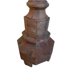19th century lantern on post, faceted copper and glazed lantern top, cast iron foliage capital over twist decoration and lattice stem, octagonal base 