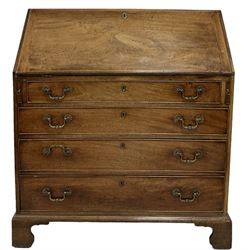 Early 19th century mahogany bureau, the fall front opening to reveal fitted interior over four graduated cock-beaded drawers, raised on bracket supports 