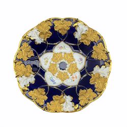 19th/ early 20th century Meissen bowl gilt leaf relief outer border with stylized flower head centre hand-painted with floral sprigs, blue crossed sword with cancellation mark D28cm 