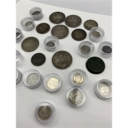 Great British and World coins including George III 1819 half crown,  Queen Victoria 1887, 1889, 1890 and 1891 crowns, 1886 and 1889 half crowns, various pre 1920 Great British shillings etc