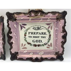 A19th century Sunderland pink lustre wall plaque inscribed 'Prepare To Meet Thy God' by Moore and Co. and another similar W23cm