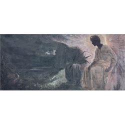 English School (Late 19th/Early 20th century): Angel Beside Cloaked Grieving Figure, oil on canvas unsigned 57cm x 125cm