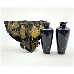 Pair of Japanese Cloisonne vases decorated with birds amongst foliage H16cm together with a Japanese black lacquer folding wall shelf (3)
