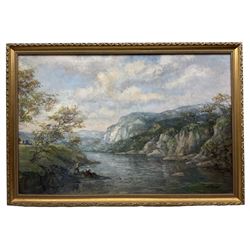 M J Rendell (British 1896-1980): Figures in a River Landscape, oil on board signed 40cm x 60cm