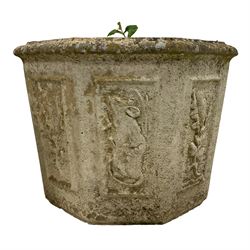 Pair weathered composite stone garden planters, octagonal form and decorated with leaf, bird and animal motifs
