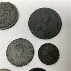 Coins, tokens and medallions, including two George III 1797 cartwheel two pence coins, 1807 penny, Queen Victoria 1857 penny, Druid 1788 one penny token etc