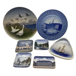 Five Royal Copenhagen pin dishes including three decorated with scenic views no.4403, no.3458, no.3530, two bird pin dishes, no.2671, no.4884, B&G pin dish with scene and commemorative plate together with plate depicting geese, no.1508 (9)