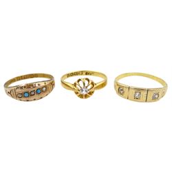 15ct gold gypsy set three stone diamond ring, 18ct gold single stone diamond ring, Birmingham 1942 and a 9ct gold pearl and turquoise ring, Birmingham 1895