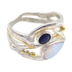 Silver and 14ct gold wire, opal, sapphire and pearl ring, stamped 925