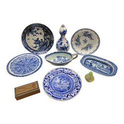 Early 20th century double gourd blue and white vase, 19th century Chinese circular dish, Davenport Chinese Dragon pattern dish, snuff bottle, sandalwood box etc 