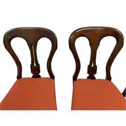 Victorian set twelve mahogany dining chairs, shaped balloon back with pierced splat carved with geometric design, drop on upholstered seat, curved and moulded front rail on turned front supports