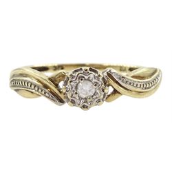 9ct gold single stone diamond ring, with crossover design shoulders, hallmarked 
