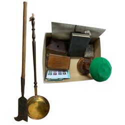 Gottingen weights in box, box inlaid with mother of pearl, wig stand, Tank Papers of Lincolnshire together with brass and copper bed warmer and bill hook max L122cm