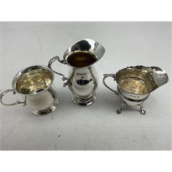 Small silver christening mug with personal engraving Birmingham 1925, silver baluster cream jug London 1918 and two small silver cream jugs 9oz (4)