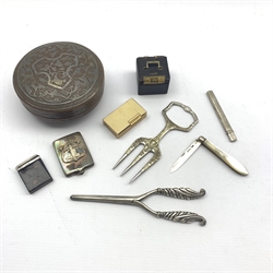  Dupont gold plated lighter, pair of silver handled glove stretchers, Birmingham 1901, 19th century Cairo ware copper and white metal inlaid box and cover, Victorian Tortoiseshell and silver mounted vesta case, Atkin Brothers, London 1901, Victorian silver pencil holder, Victorian silver and mother-of-pearl folding fruit knife by Harrison Brothers & Howson etc  
