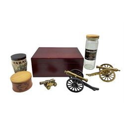 Cedar wood lined Humidor, W31cm, three brass cannon models, two tobacco jars, Gentleman Jack 'Personal Cigar Aromador' and 'The Pipe Book by Alfred Dunhill